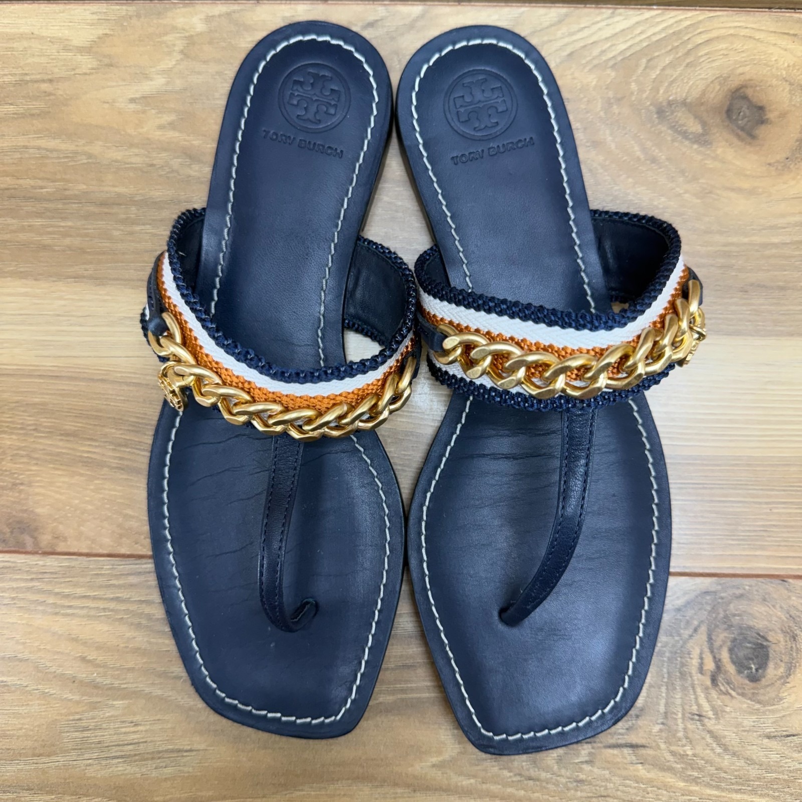 Tory Burch Benton Chain Flip Flops Womens 7 M Navy Blue Leather Gold Hardware